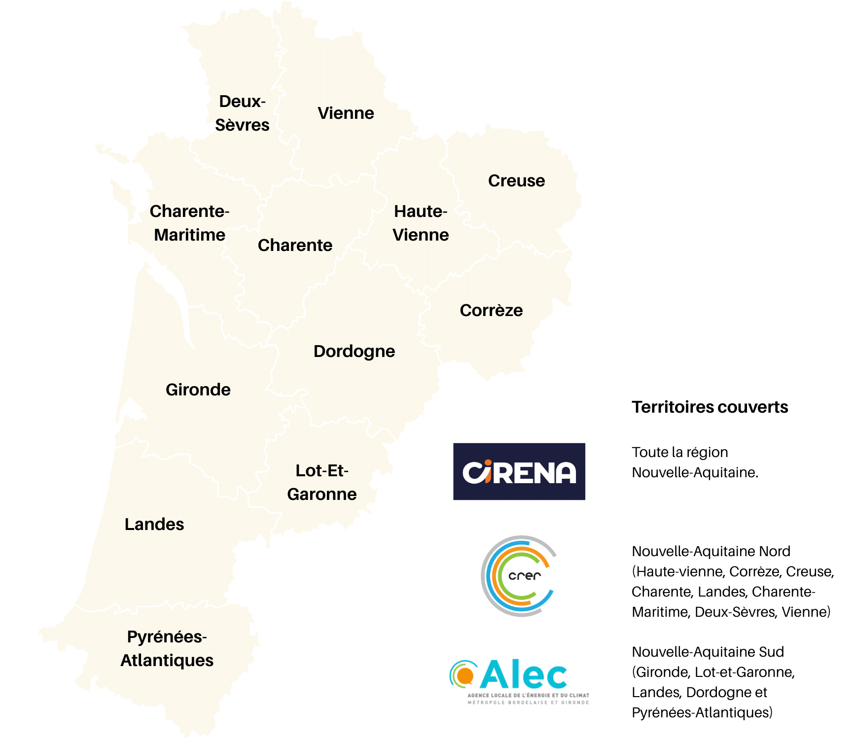 Carte du réseau des Générateurs en Nouvelle-Aquitaine. Il couvre l’ensemble des douze départements de la Nouvelle-Aquitaine. Il est porté par les structures suivantes : CRER, Cirena et ALEC Métropole bordelaise et Gironde.