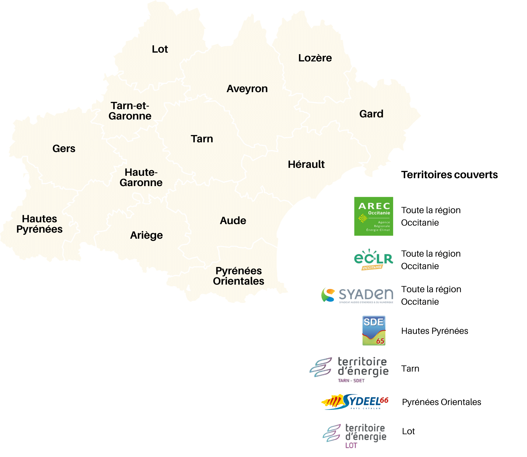 Carte du réseau des Générateurs couvre l’ensemble des treize départements de l’Occitanie. Il est porté par l’ AREC Occitanie, ECLR, ainsi que par 5 syndicats d’énergie départementaux (SYADEN, TE46, SDE65, SYDEEL66, TE81).